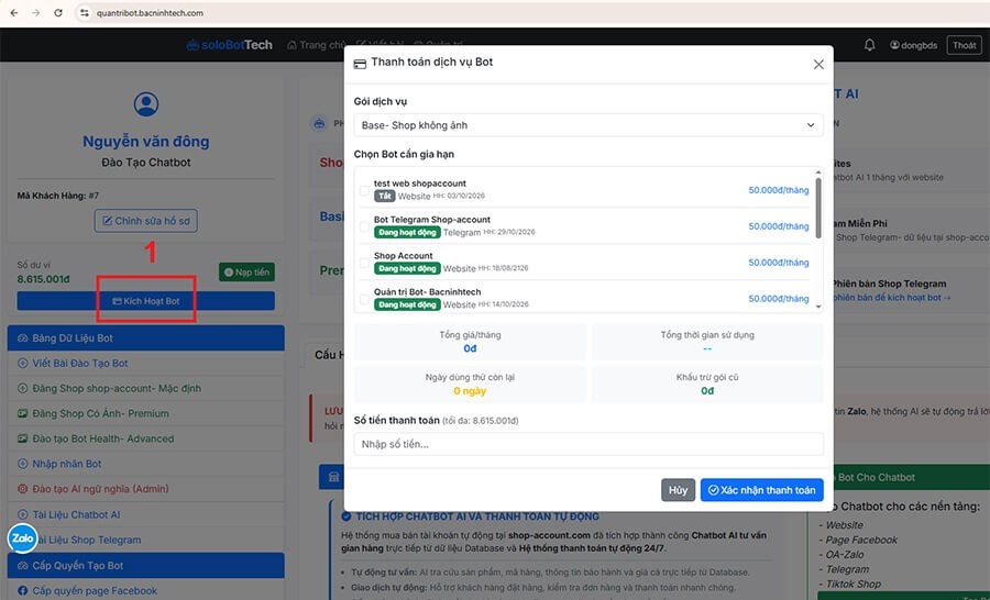 Giao diện kích hoạt bot kết nối với hệ thống của chúng tôi
