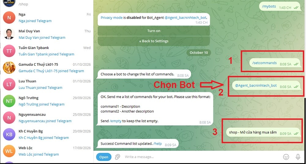Các bước cài lệnh shop cho bot telegram