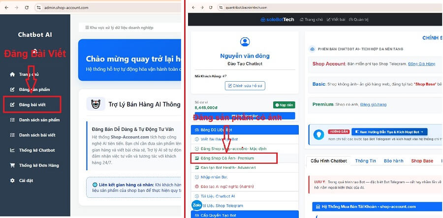 Phần đăng bài viết và sản phẩm cho bản Premium