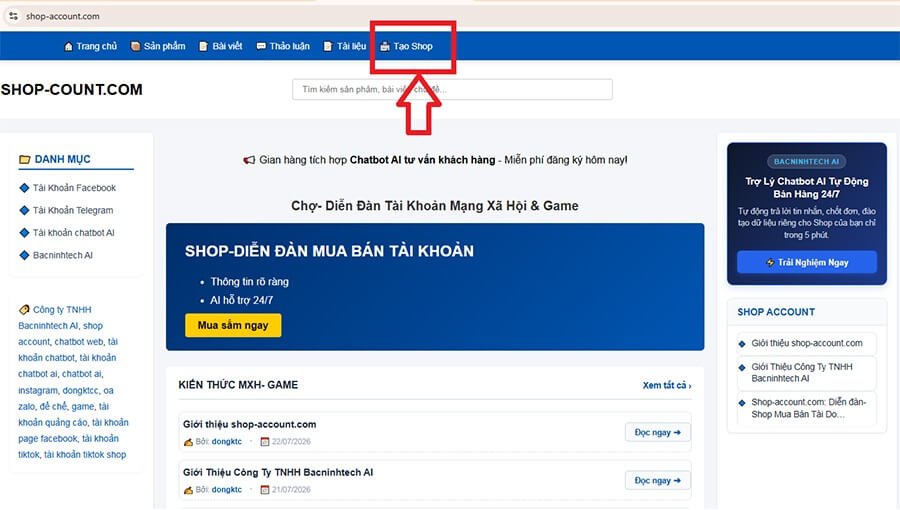 Tại menu trên click vào Tạo Shop