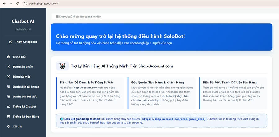 Giao diện trang admin shop account