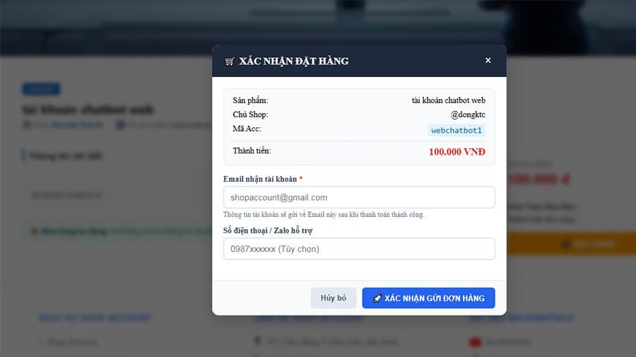 Khung đặt hàng tại shop-account.com