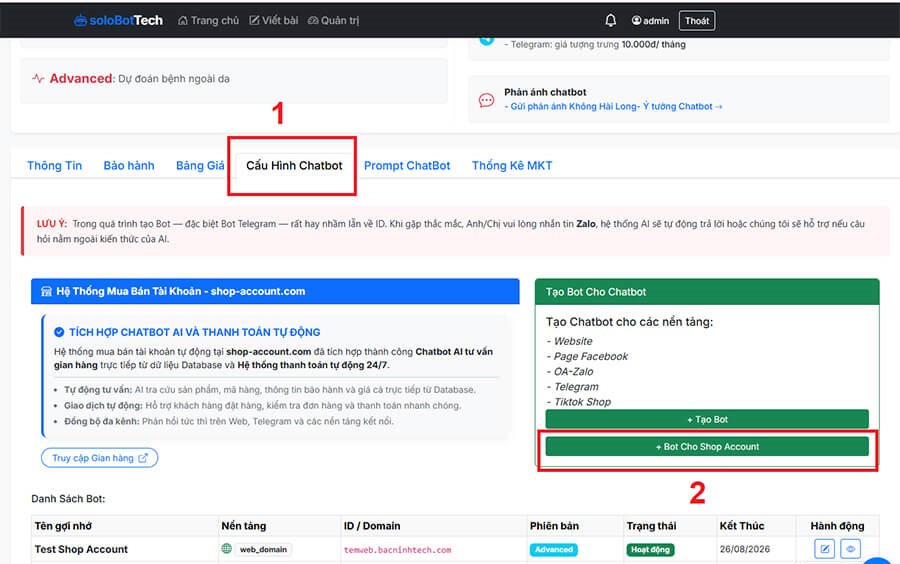 Lưu ý, click vào nút ‘Bot
Cho Shop Account’