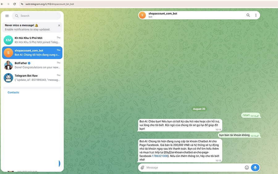 Và đây là kết quả tôi test thử, bot lấy dữ liêu shop-account.com để trả lời khách 24/7