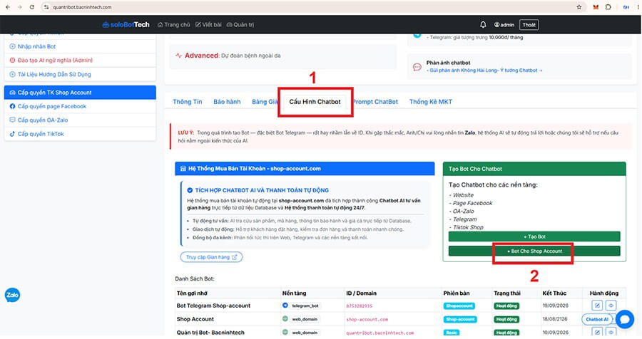 Vào cấu hình Chatbot rồi chọn Bot cho Shop Account