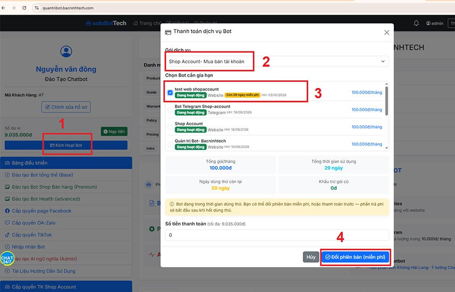 Kích hoạt bot cho shop account tại bacninhtech